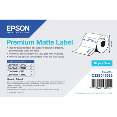 Epson prémium matt inkjet 102mm x 76mm 440 címke/tekercs